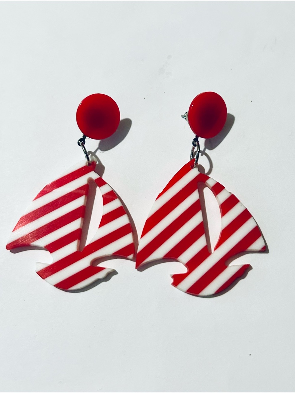 Vintage Plastic Red Striped Sailboat Drop Earrings, Women’s Jewelry